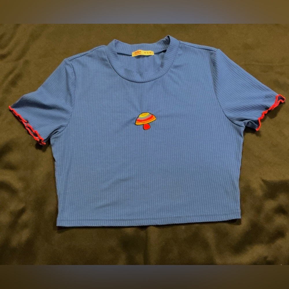 Crop Top Shirt Embroidered Rainbow Mushroom Ruffle Sleeves Drk Blue Women’s M